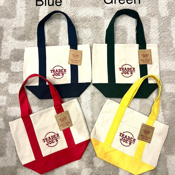 Trader Joe's Mini Tote Bags - Set of 4: Blue, Green, Red, & Yellow - New w/ Tags - Picture 1 of 2